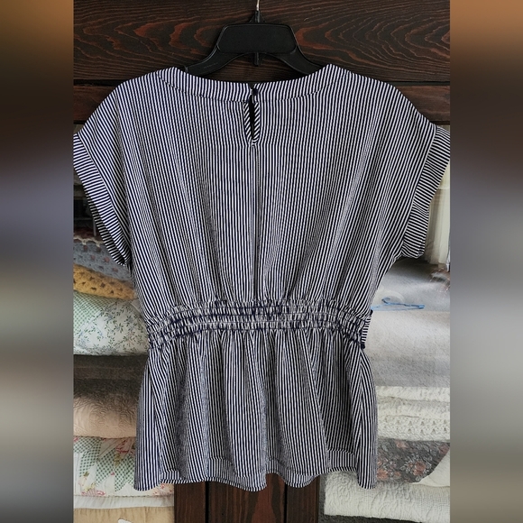 Monteau Women's Navy and White Striped Peplum Blouse - Picture 3 of 6